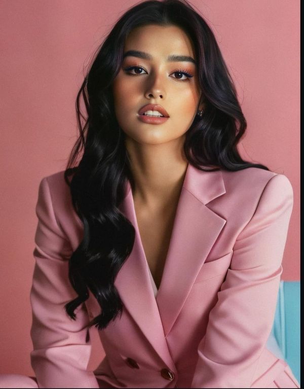 a woman in a pink suit sitting on a blue chair and posing for the camera