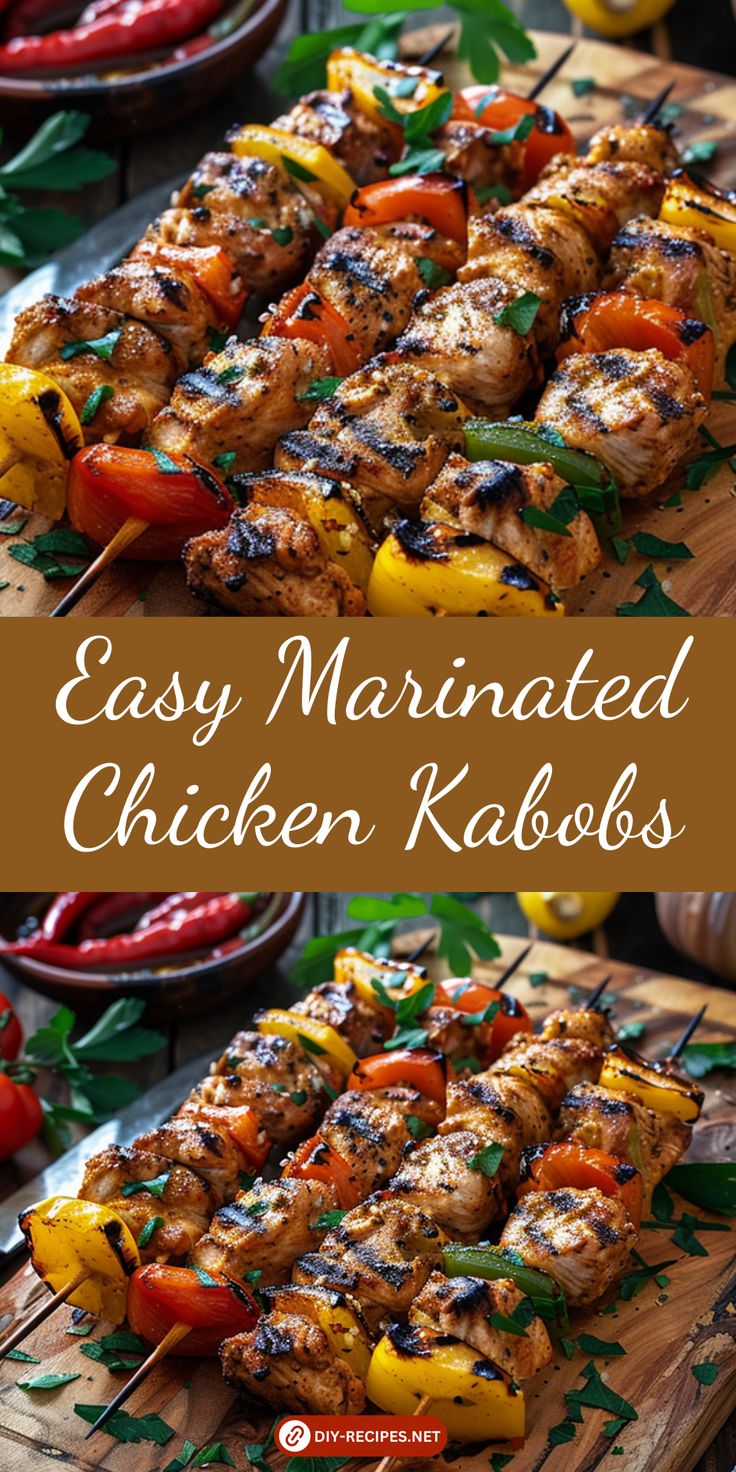 an easy marinated chicken kabobs on a cutting board with peppers and tomatoes