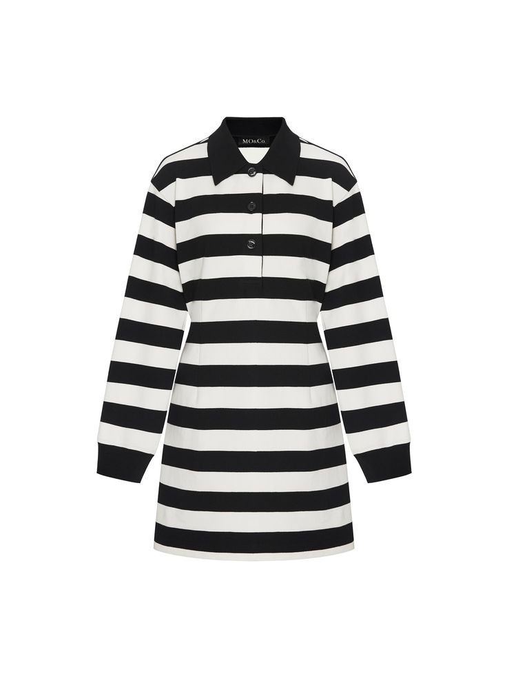 MO&Co. Women's Cutout Back Striped Dress Features : - Contrasting, classic black and white stripes- Cutout back details- Polo collar, mini length- Athleisure style Code: MBC1DRST04The back length of size S is 82.5cmMATERIALS & CARE Material: 95.7% Cotton 4.3% SpandexGentle machine wash below 30°CDo not bleach, lay flat in the shadeTumble dry low, low ironDo not dry clean, do not soakWash with neutral detergentMesh bag to be washed separatelyAfter washing, dehydrate in time and then dryPlease sel