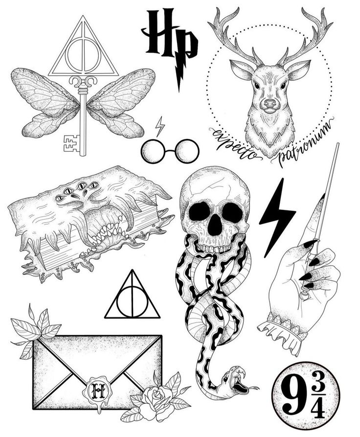 harry potter temporary tattoos on a white background with hogwarts and deathly hall symbols