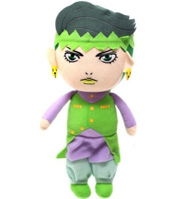 a stuffed toy doll with green hair and purple shirt on it's head, wearing yellow earrings