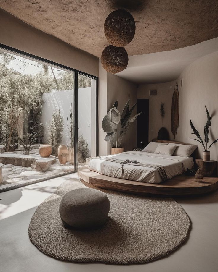 a bedroom with a large bed sitting on top of a rug