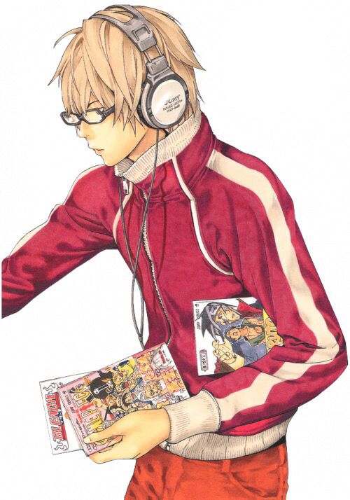 an anime character with headphones on and holding a magazine in his hand while standing next to him