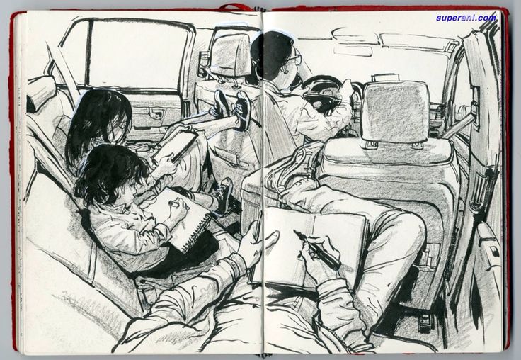 a drawing of two people sitting in a car