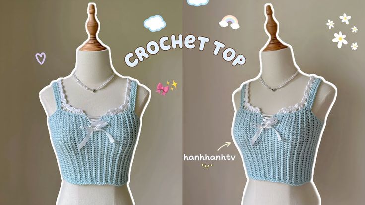 two mannequins with crochet tops on them, one in blue and the other in white