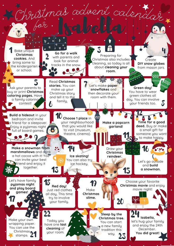 a christmas calendar with animals and other things on the page, including gifts for children