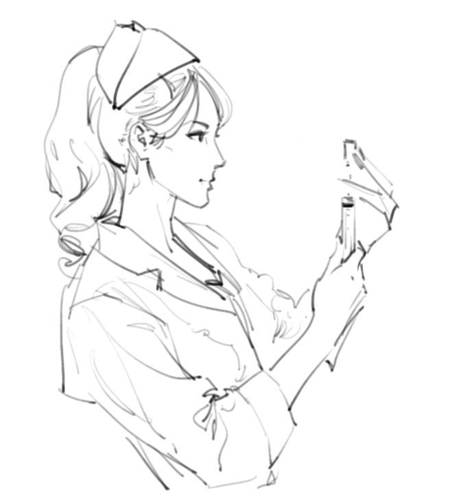 a drawing of a woman holding an object in her hand