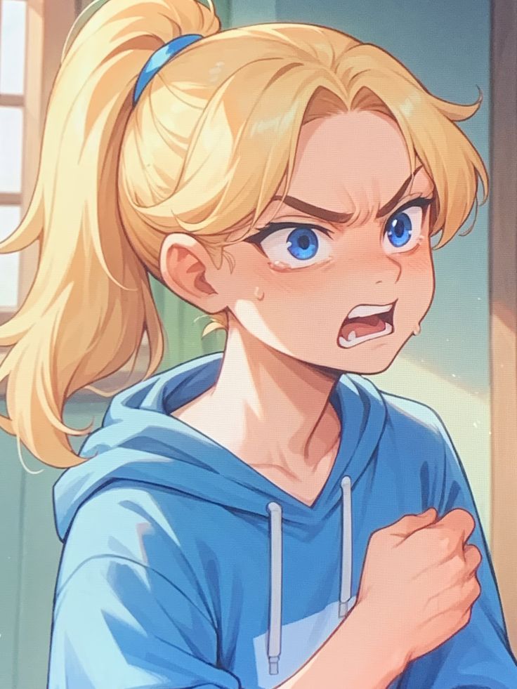 a blonde haired woman with blue eyes looking at something in her hand while wearing a hoodie