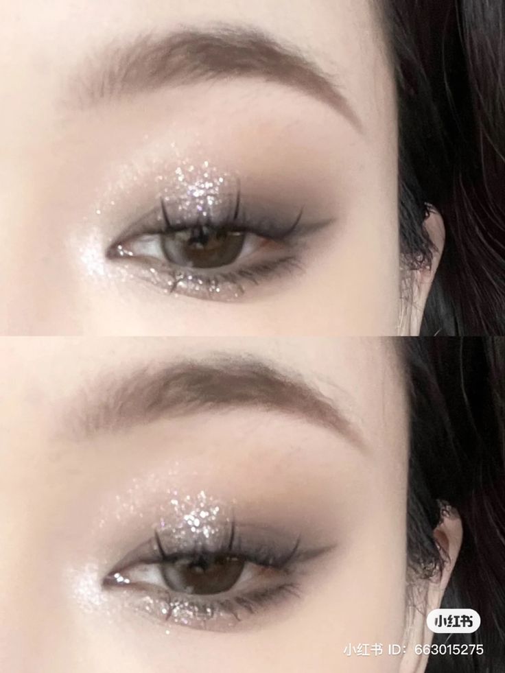 Simple Eye Makeup Silver, Grey Douyin Makeup, Silver Douyin Makeup, Grey Makeup Looks, Grey Eyes Makeup, Grey Eyeshadow Looks, Makeup For Grey Eyes, Silver Glitter Eye Makeup, Gray Makeup