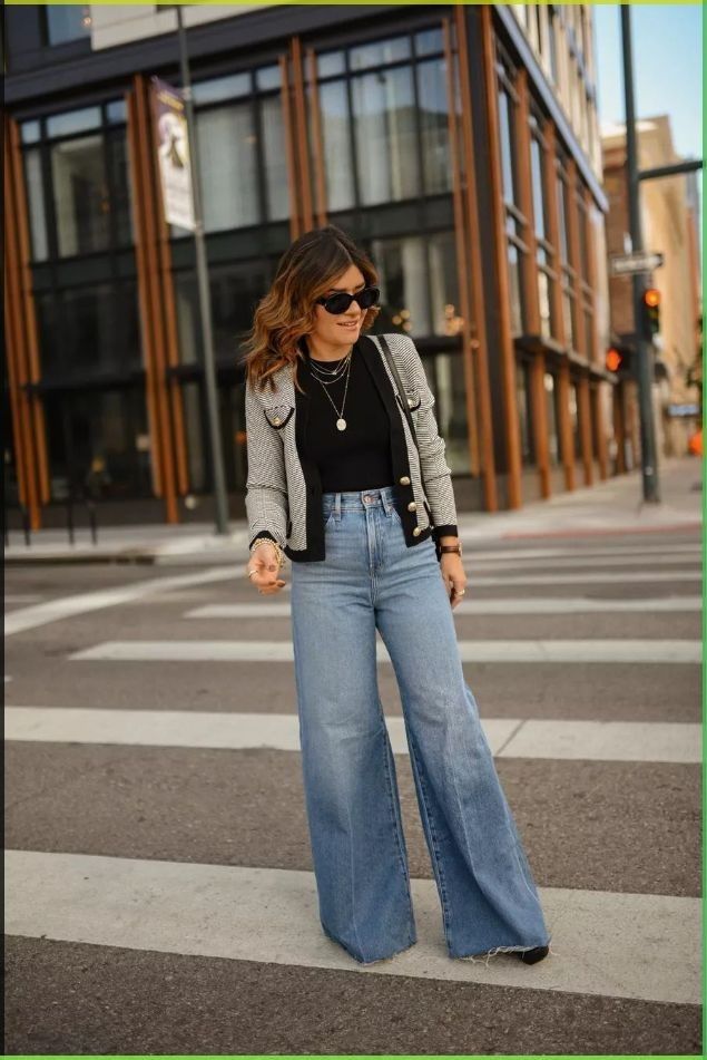 Spring Outfits Ideas For Women, Denim Blazer Outfit Womens Fashion, Pantalones Mom, Cardigan Outfit Ideas, Wide Leg Jeans Outfits, Palazzo Jeans, Style Wide Leg Jeans, Wide Leg Jeans Outfit, Stile Casual Chic