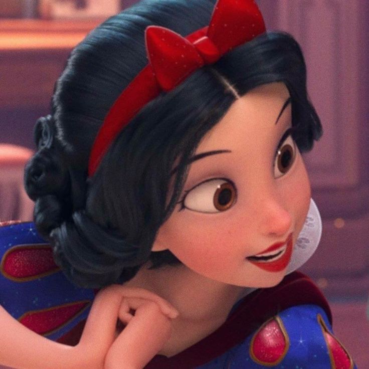 a close up of a cartoon character wearing a red bow on her head and black hair