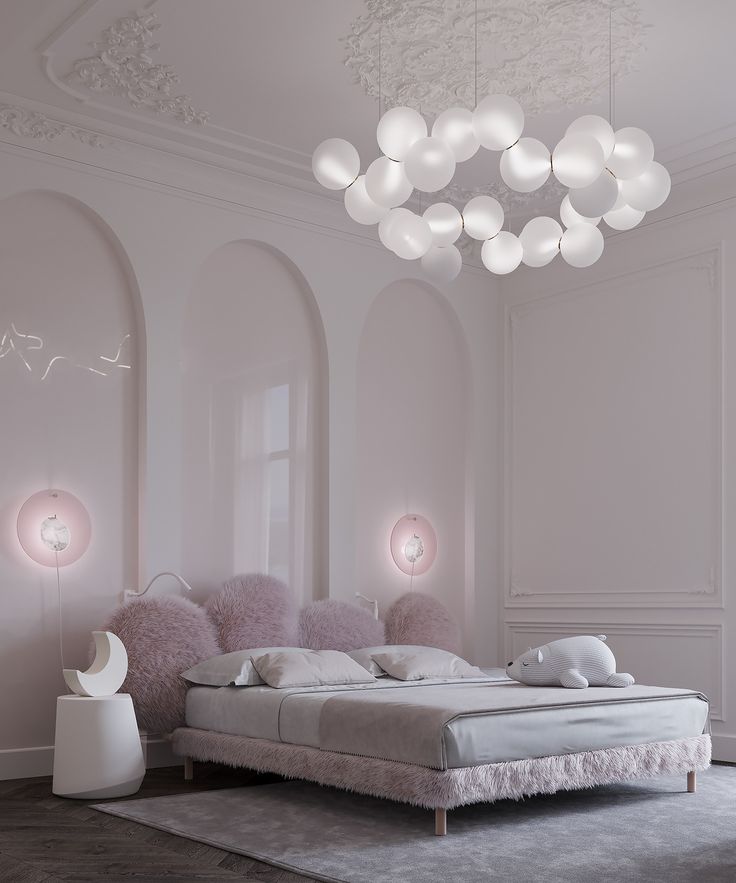 a bedroom with white walls and pink lighting