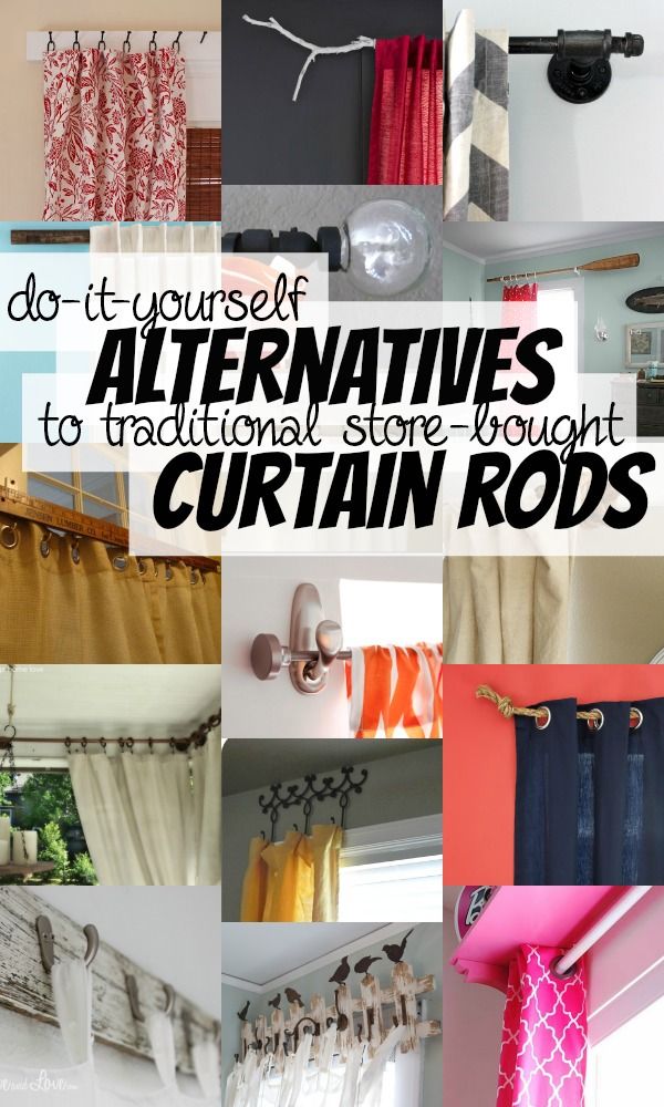 some curtains are hanging on the wall and there is text that reads do it yourself alternatives to traditional store - bought curtain rods