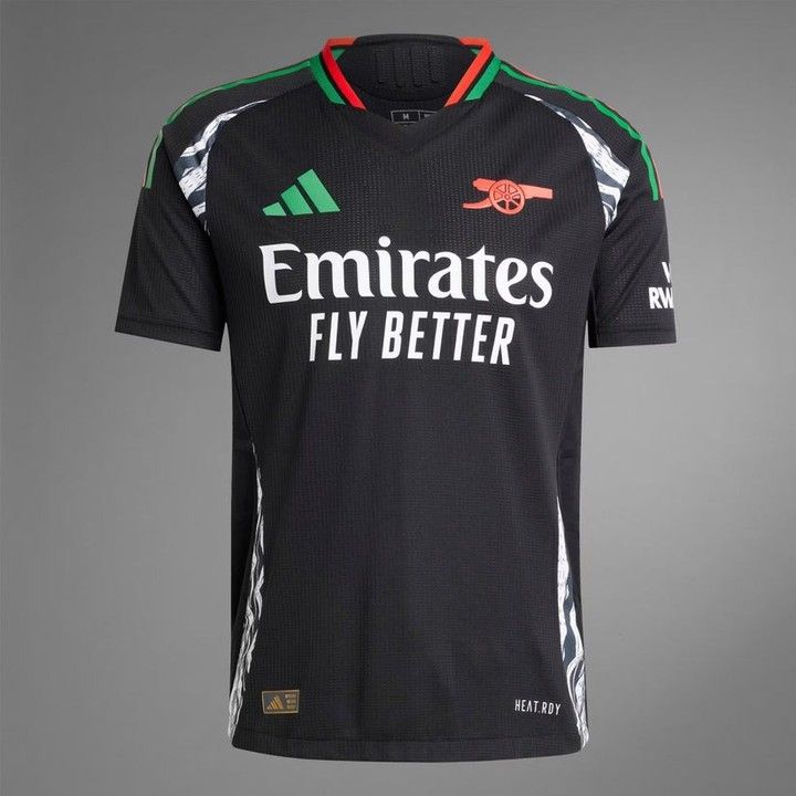 the emirates's fly better jersey is displayed in front of a gray background with red, green and white stripes