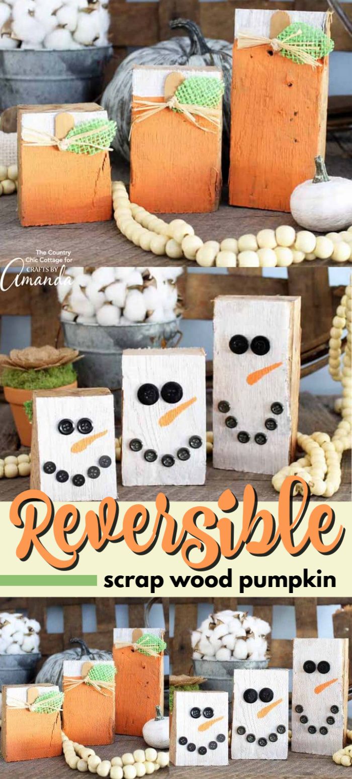 several snowmen made out of wood blocks with text overlay reading reversible scrap wood pumpkin