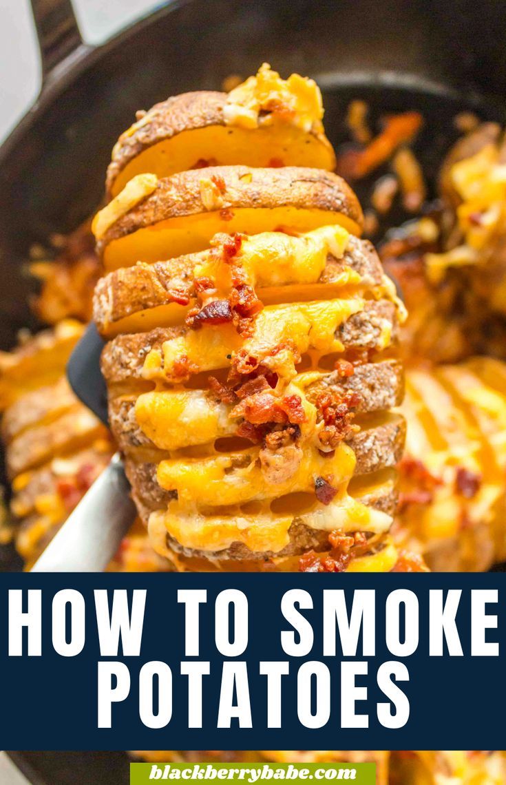 a closeup photo of a smoked potato topped with cheese and bacon Smoker Potatoes, Easy Smoker Recipes, Pellet Smoker Recipes, Smoked Potatoes, Smoked Vegetables, Dinner Recipes Healthy Family, Hasselback Potatoes, Pellet Grill Recipes, Traeger Recipes