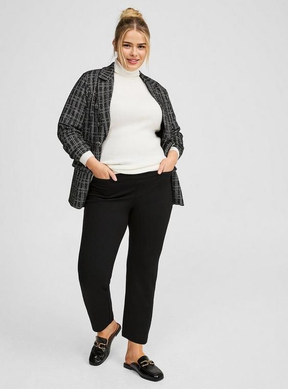 FIT Model is 5'9” wearing size 14. Measures 26” inseam (size 2). . MATERIALS + CARE Studio Luxe Ponte knit fabric: Our signature work (any) wear fabric with office-approved tailoring, WFH stretch and comfort, and curve-loving hold. Plus, it’s machine washable! Stretch level: Maximum. Wrinkle resistant. 68% rayon, 28% nylon, 4% spandex. Machine wash cold. Line dry. Imported. DETAILS Skinny fit. . Pull-on. . The best plus size women's long, tall pull on pencil skinny studio luxe ponte pant & tapered pants in deep black made of studioponte. These dressy clothes and work-wear, office-wear, career-wear, and business-wear will make you look professional to nail your job interview and wear to work every day. Torrid is your destination for cozy fall and winter clothes to keep you warm and comforta Business Casual For Plus Size Women, Dressy Clothes, Ponte Pant, New Street Style, Business Wear, Ponte Pants, Swimming Outfit, Career Wear, Sweaters Online