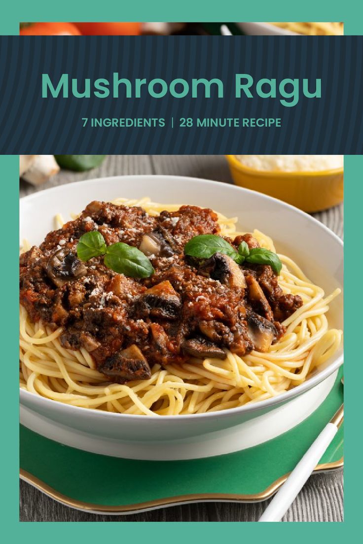 mushroom ragu in a white bowl on top of a table