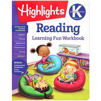 the book cover for highlights k reading learning fun workbook with two children sitting on bean bag chairs