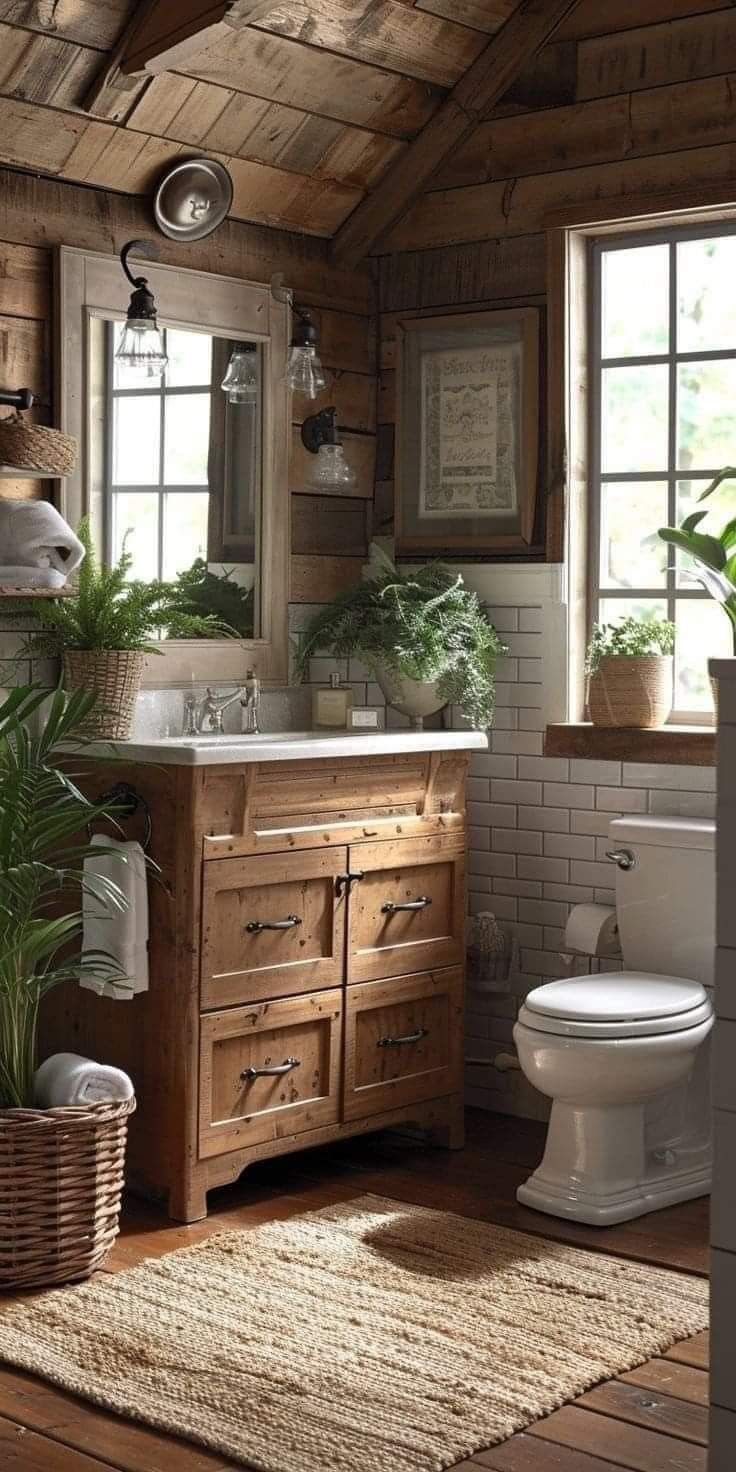 a bathroom with wooden floors and walls