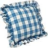 a blue and white checkered pillow with ruffled edges