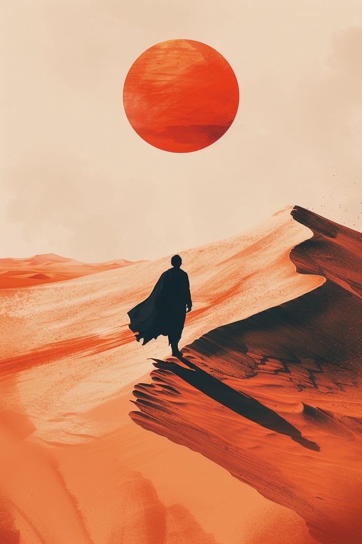 a man standing on top of a desert under a red ball in the sky above him