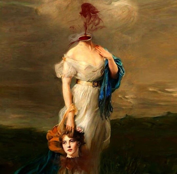 a painting of two women standing next to each other in front of a cloudy sky