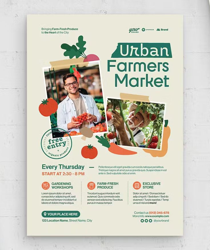 the urban farmers market flyer is displayed on a white brick wall with an orange and green background