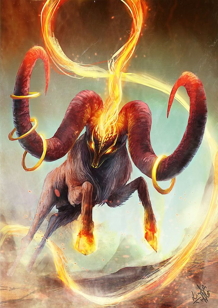 an artistic painting of a demon with flames coming out of it's back