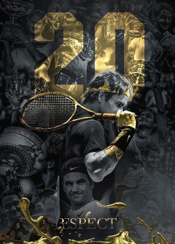 a man holding a tennis racquet on top of a black and gold poster