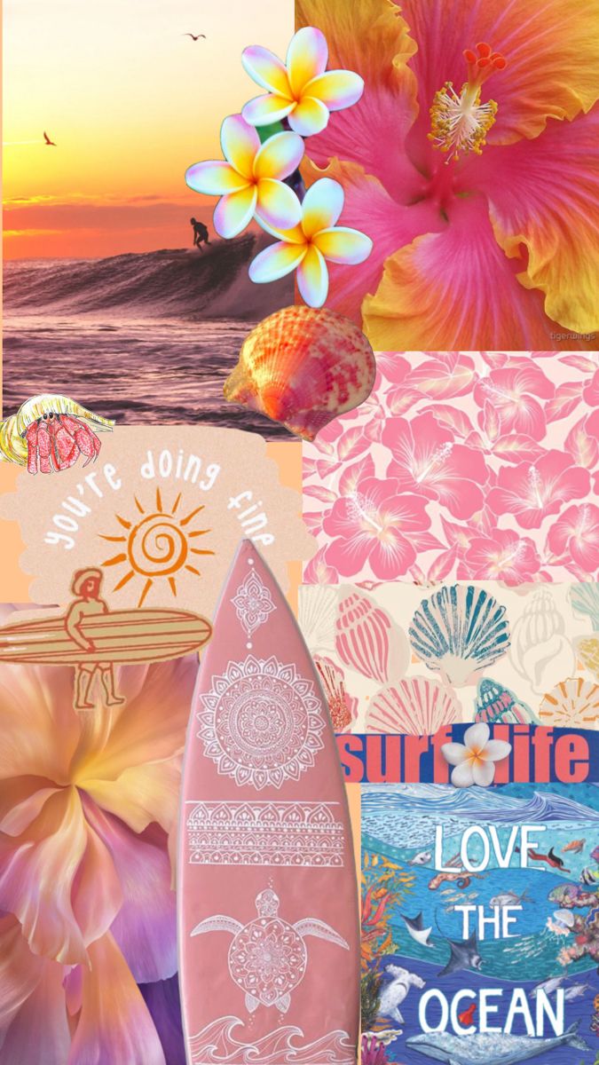 a collage with flowers and surfboards in the foreground is an ocean scene