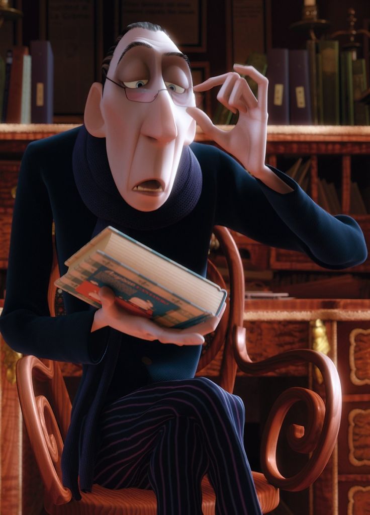 a cartoon character sitting in a chair holding a book and looking at the camera with an amazed look on his face