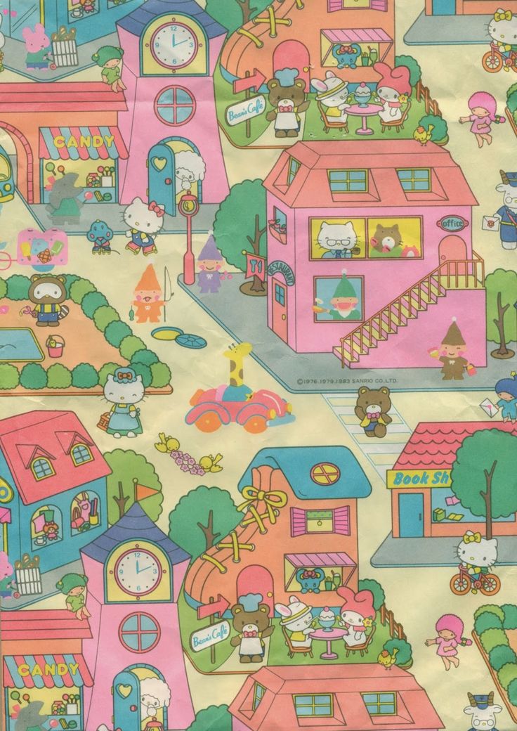 an image of a cartoon town with many houses and animals on it's walls