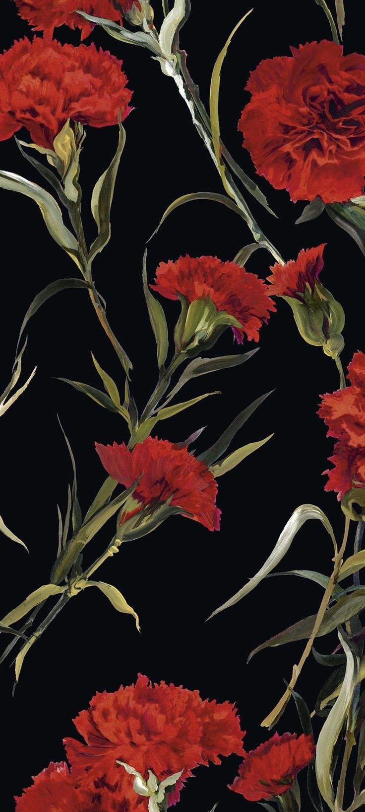 red flowers on a black background with green stems