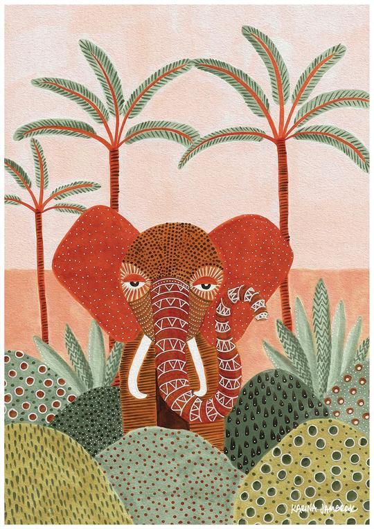 an elephant is standing in the middle of some plants and trees, with another elephant behind it