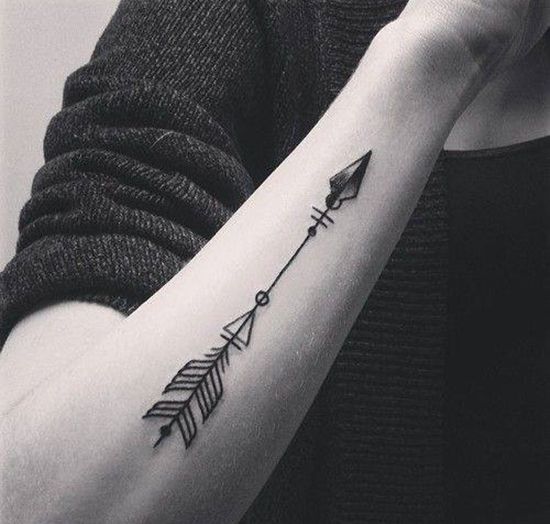 a woman's arm with an arrow tattoo on it