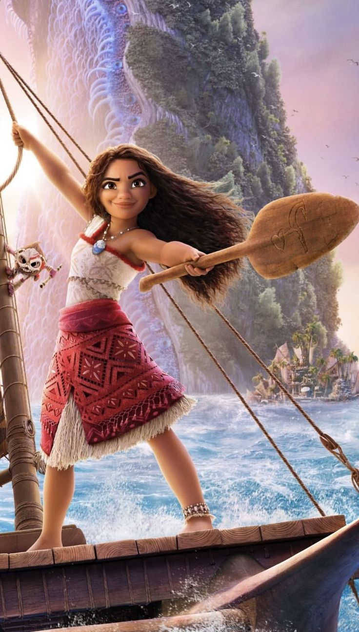 the character moana is standing on a boat with her arms in the air and she has