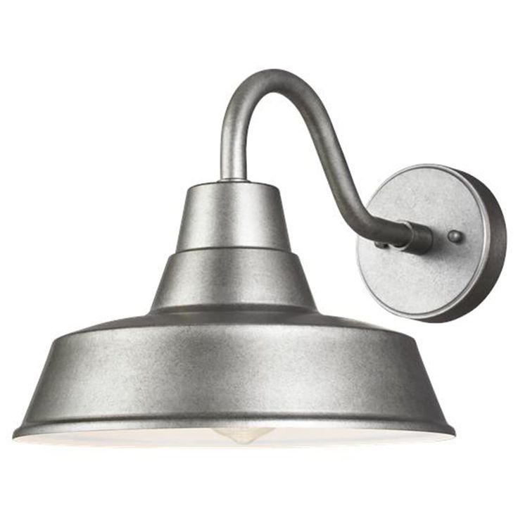 a light that is on the side of a white wall mounted fixture with a metal arm