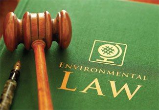 a wooden judge's gavel sitting on top of a green book with the word environmental law