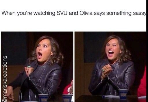 two pictures of a woman with her mouth open and the caption says, when you're watching svu and julia says something sassy easy