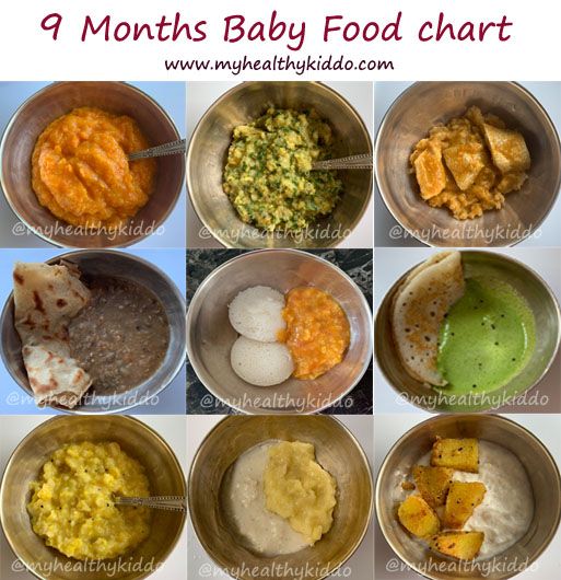 nine bowls with different foods in them and the words, 9 months baby food chart