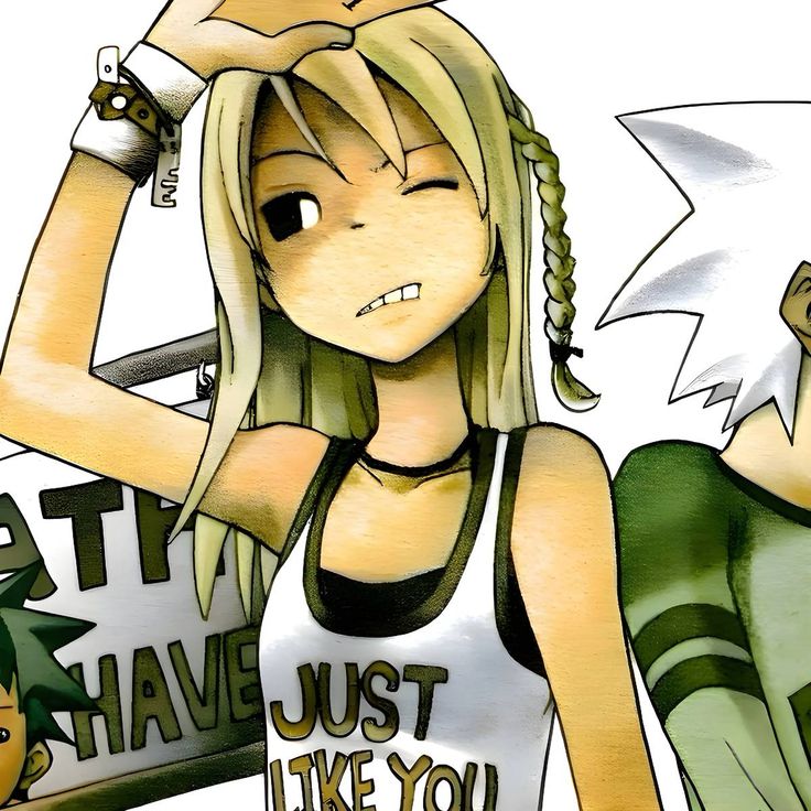 two anime characters one with blonde hair and the other wearing green