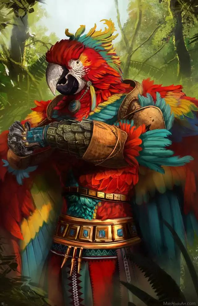 a painting of a parrot holding a bird on his arm in the forest with trees