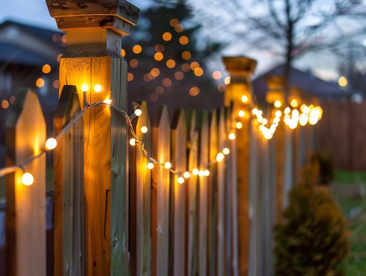 a fence with lights on it and some trees in the background