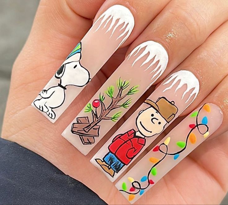 Cute Short Spring Nails, Valentines Nail Set, Short Nails For Spring, Christmas Nail Designs Acrylic, Beach Nails Art, Snoopy Nails, Acrylic Nails Yellow, Disney Christmas Nails, Cartoon Nail Designs