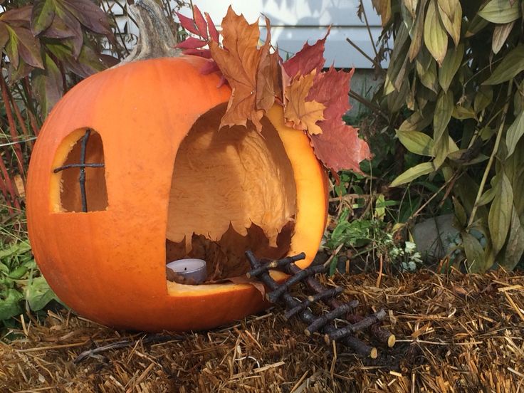 a carved pumpkin with a hole in the middle and leaves on it's side