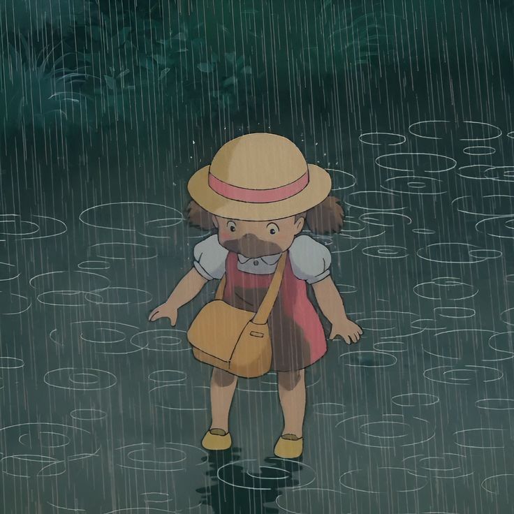 a cartoon character standing in the rain with an umbrella over his head and wearing a hat