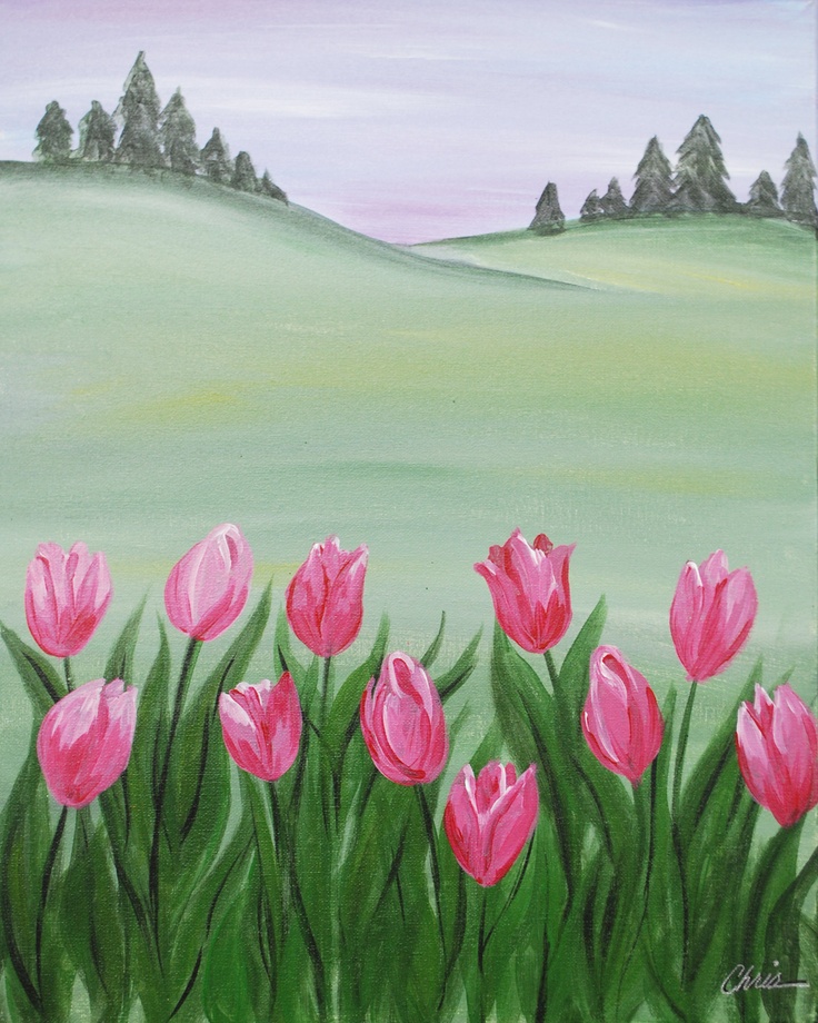 a painting of pink tulips on a green field