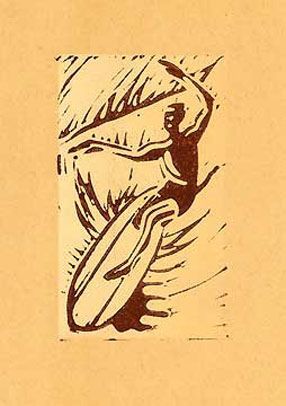 a drawing of a person holding a surfboard