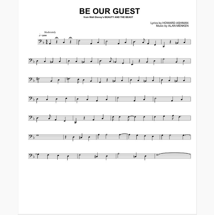 sheet music with the words be our guest